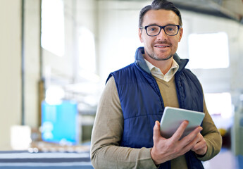 Poster - Tablet, delivery and portrait of man in factory for manufacturing, networking and inventory. Distribution, industrial and technology with male employee in warehouse for inspection, export and storage