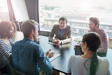Poster - Brainstorming, business and staff in a meeting, collaboration and negotiation with cooperation. Group, team and coworkers with ideas, executive and planning with a project, teamwork and conversation