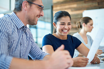 Leinwandbilder - Business people, meeting paperwork and woman laugh at funny office report, development plan or feedback. Cooperation, comedy humour and corporate staff, group or team laughing at project documents