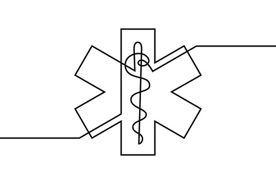 Star of Life medical sign in continuous line art drawing style. Emergency medical services symbol black outline isolated on white background. Vector illustration