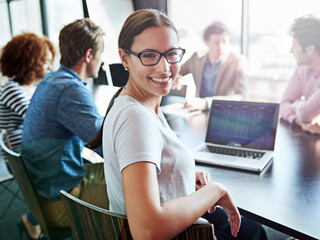 Leinwandbilder - Smile, portrait and a woman in a meeting with a laptop for planning, teamwork or work agenda. Happy, corporate and lawyers in a boardroom for business training, workshop or seminar together in office
