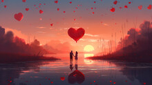 Romantic Illustration With Couple In Love And Floating Hearts