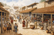 Ancient Greek Marketplace. Generative AI.
A digital illustration of an active ancient marketplace on market day.