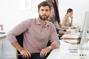 Poster - Serious, portrait and business man, creative designer or employee in startup company. Face, entrepreneur and web design professional with pride for career, job or success mindset at coworking office.