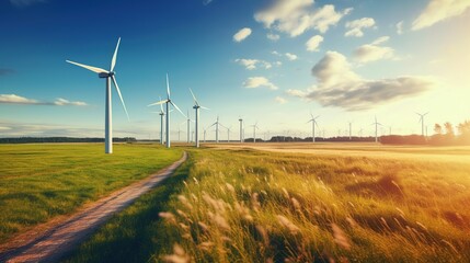 Renewable energy wind power. Field with windmills on sunny summer day. Generative AI. Illustration for brochure, poster, presentation, flyer or banner.