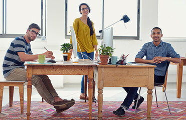 Poster - Coworking, web designer portrait and team in office with work and collaboration of small business. Startup, teamwork and staff in a workplace with communication of group with graphic design project