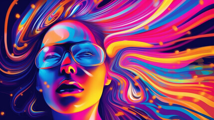 Wall Mural - Psychedelic woman portrait meditation colorful background created with generative ai