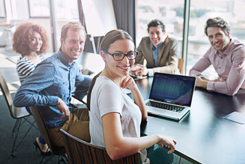 Leinwandbilder - Meeting, boardroom and portrait of business development team happy for success in a tech agency or startup. Teamwork, group and corporate people planning a growth strategy, project and proposal