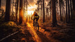 Mountain biker riding on bike in spring inspirational forest landscape. Man cycling on enduro trail track. Generative AI
