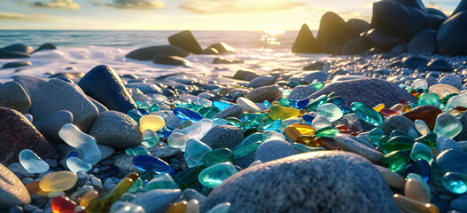 Wall Mural - natural polish textured sea glasses and stones on the seashore. green, blue shiny glass with multi-c