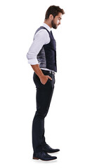 Canvas Print - Business, side view of a man with hands in his pocket and isolated against a transparent png background. Corporate male person thinking of ideas, decision and doubt of vision, memory and daydream