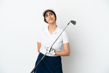 Wall Mural - Handsome young golfer player woman isolated on white background and looking up