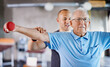 © Y.A./peopleimages.com - Physiotherapist, senior man and weight training for health and wellness therapy in retirement. Healthcare, physio and workout for recovery with a dumbbell for medical excuse and elderly male person