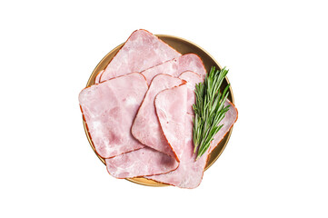 Wall Mural - Square Sliced pork meat ham on plate.  Isolated, transparent background