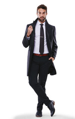 Poster - Stylish, fashion and portrait of a businessman in a suit isolated on a transparent png background. Confident, classy and a young employee or lawyer in professional and corporate clothes for work