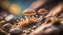 Spectacular Scenery Of Two Mushrooms On Top Of A Rock - A Natural Delight In The Wilderness.