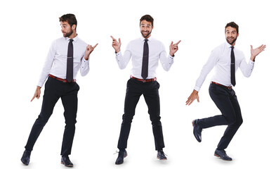 Poster - Montage, dance and portrait of a businessman with a smile for professional achievement or bonus. Happy, playful and a corporate employee dancing isolated on a transparent png background for success