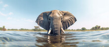 African Elephant Wading Through The Shallow Waters Generative AI