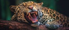 Magnificent Jaguar Resting On A Tree Trunk With Open Mouth, Generative AI