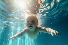 A Baby Swims Under The Water In A Pool. Generative AI
