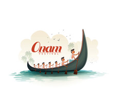 Happy Onam Festival Concept With Rowing A Snake Boat During The 'Onam' Festival. Onam Is A Festival In Kerala, India