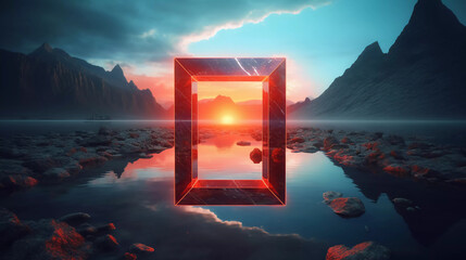 Abstract neon background with square geometric shape, Beautiful frame and extraterrestrial landscape under the sky, sun and rocks. Futuristic minimalist wallpaper. Created with Generative AI.