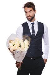 Wall Mural - Portrait, fashion and flowers with a romantic gentleman in formal clothes isolated on a transparent background. Love, romance and dating with a handsome young male model holding a gift bouquet on PNG