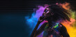 © J S - Beautiful African black woman dancing in colorful lights and stage smoke with copy space, generative AI