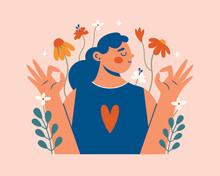 Mental Health Support, Self Care Concept. Clip Art With Cute Woman Shows Ok Gesture With Hands. Cartoon Comic Girl With Flowers And Plants. Funny Illustration For Poster, Banner, Sticker, Card. 