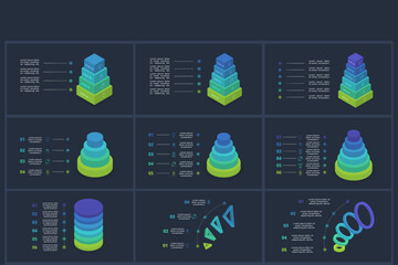 Set 3d concept for infographic with 4, 5, 6 steps, options, parts or processes. Template for web on a black background.