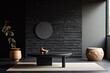 © JuanM - Grey wall panels and a black side table in minimalistic interior design composition. Generative AI