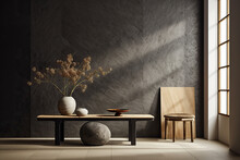 Grey Wall Panels And A Black Side Table In Minimalistic Interior Design Composition. 