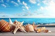 Beach scene concept with sea shells and starfish. Generative AI