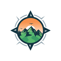 Wall Mural - Adventure Logo with Mountain and Compass Design Vector Illustration Template