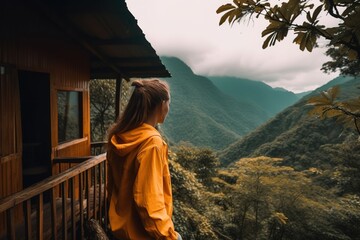 Wall Mural - a lady wearing a bright yellow jacket may be seen staring out over the mountains. Generative AI