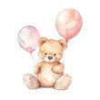 Watercolor teddy bear with balloons on white background Generative AI