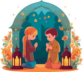 Wall Mural - islamic kids celebration eid event clipart element sticker