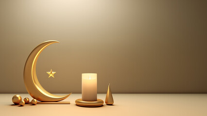 Poster - Islamic background, candle, gold crescent moon on white. Design concept of ramadan kareem, mawlid, iftar,isra and miraj or eid al fitr adha, copy space text area. generative ai.