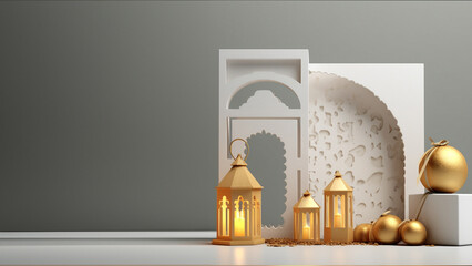 Wall Mural - Islamic background, gold lantern on white. Design concept of ramadan kareem, mawlid, iftar,isra and miraj or eid al fitr adha, copy space text area. generative ai.