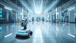 © Elena - Robot cleans big room, office or laboratory. Professional robot cleaner robotic janitor. Artificial intelligence technology concept. Generative AI