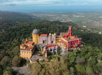 Canvas Print - Palace of Pena in Sintra. Lisbon, Portugal. Part of cultural site of Sintra City. Drone Point of View