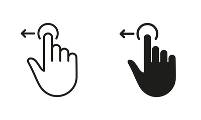 Poster - Hand Finger Drag Left and Line and Silhouette Black Icon Set. Pinch Screen, Swipe and Rotate Touch Screen Pictogram. Gesture Slide Left Symbol Collection. Isolated Vector Illustration