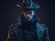 An appealing man in Steampunk and Cyberpunk garb on dark background. Generative AI.	