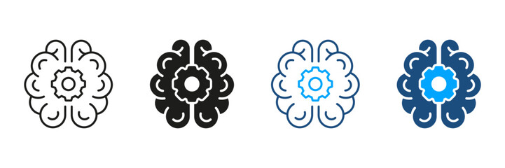 Poster - Technical Solution Black and Color Symbol Collection. Smart Innovation Pictogram. Human Brain with Gear Silhouette and Line Icons Set. Engineering Concept. Isolated Vector Illustration