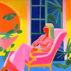 Wall Mural - Background ai, sunny summer hawaiian holiday, exotic, glamorous woman relax, portrait, abstract art. Tropical colourful gouache illustration generated by artificial intelligence, bright matisse style.