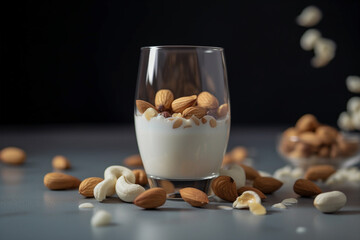 Dairy free vegan milk concept with glass of milk surrounded with almond and cashew nuts and soy beans. Generative AI illustration