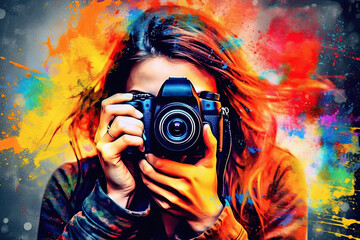 pintura con explosion de colores de una mujer fotógrafa profesional con camara haciendo una foto. 