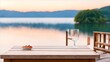 Empty wooden table top with blurred lakeside cafe on a gorgeous Italian lake in the evening. for mounting your product, generative ai