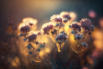 Wall Mural - At sunset, a macro lens captures a stunning bokeh effect in a field of flowers. Generative AI