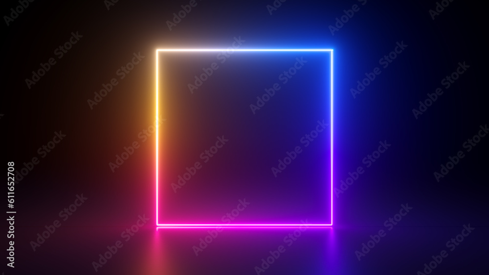 3d render, abstract geometric background with neon square frame glowing ...